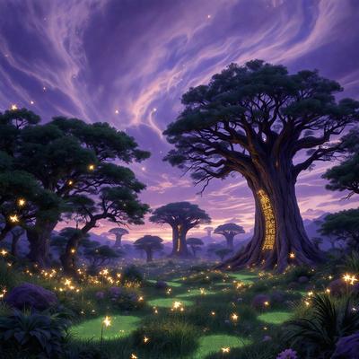 The primary subject of the image is a group of trees with a purple sky in the background. The setting appears to be a forest with a path leading through it. The visual style of the image is digital art, and the dominant colors are purple and green. The overall atmosphere of the image is serene and peaceful.